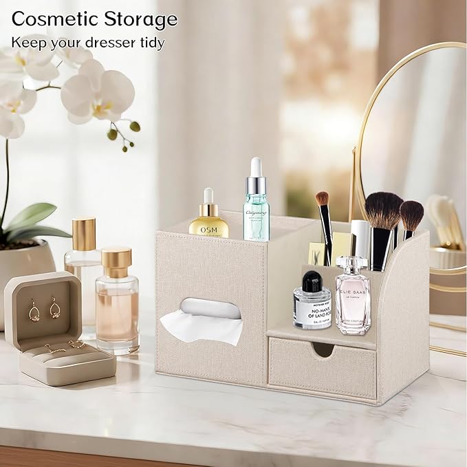 Square Tissue Box Cover with Drawer Storage and Tray on Top, PU Leather Tissues Cube Boxes Holder, Modern Nightstand Organizer Caddy, Remote Control Holder for Bathroom, Bedside, Office, Home