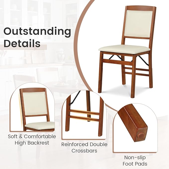 Giantex Folding Dining Chairs Set of 2, Wood Kitchen Chair w/Padded Seat, Solid Wood Frame, Max Load 400 Lbs, No Assembly, Easy to Store Foldable Wooden Dining Chairs for Apartment, Small Space
