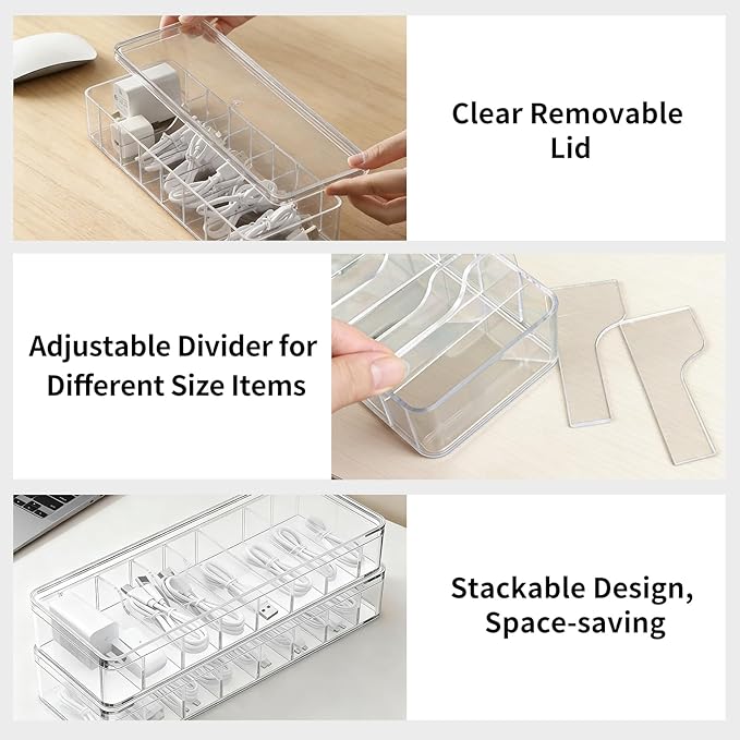 2 Pack Cable Organizer Box with Lid - Stackable Charger Cord Storage Organizer with 20 Wire Ties - Adjustable Compartments Phone Cables Wire Management Box for Drawer Desk Office Home Accessories
