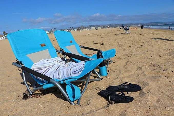 Nice C Low Beach Chair, Beach Chairs for Adults 2 Pack, Sling, Folding, Portable, Concert, Kids, Boat, River, Sand Chair, Sillas De Playa, with Cup Holder & Carry Bag (2 Pack of Blue)