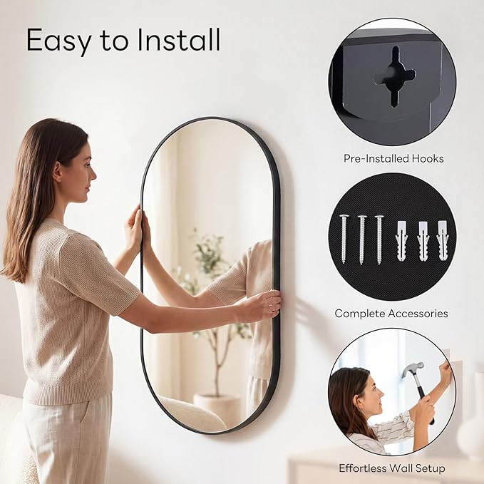 Sweetcrispy 24" x 36" Black Bathroom Mirror for Wall, Oval Wall Mirror with Metal Frame, Tempered Glass, Modern Vanity Mirror for Over Sink, Living Room, Bedroom, Entryway, Horizontal or Vertical