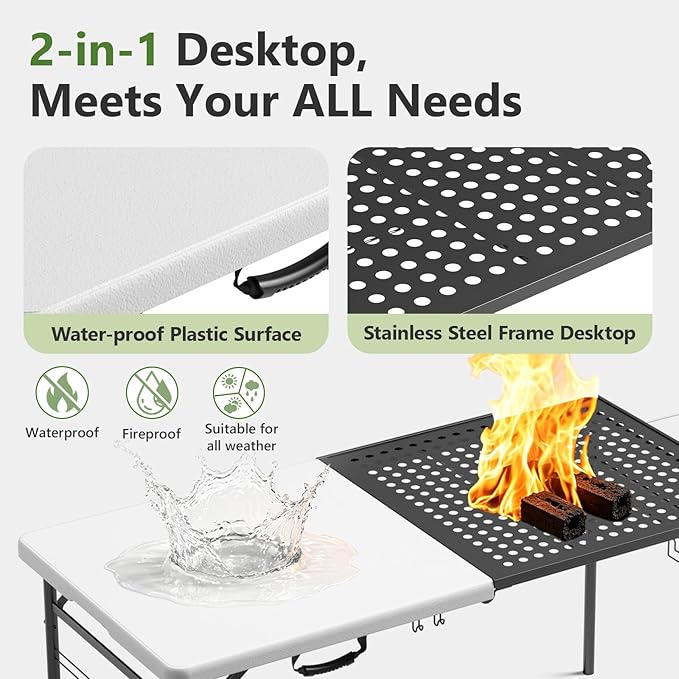 Folding Table, 5ft Folding Grill Table, Portable Camping Table for Cooking & BBQ Prep, 2-in-1 Metal&Solid Surface Foldable Grill Station for Outdoor Camping, Backyard, Patio Use,(Black and White)