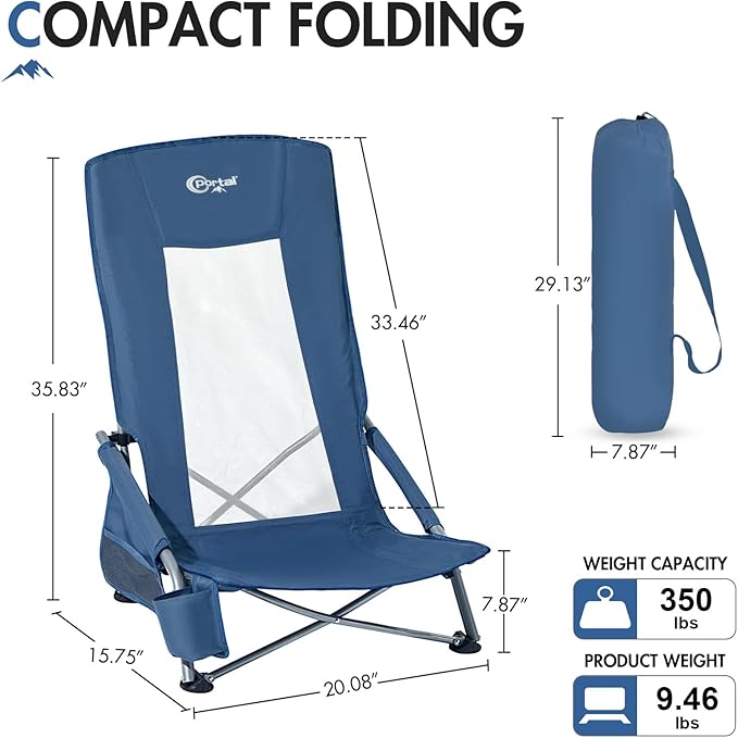 Portal High Back Beach Chair for Adults - Heavy Duty 350 lbs Folding Portable Sand Chair with Cup Holder & Side Pocket, Breathable Mesh Tall Camping Chair with Rotating Feet for Outdoor Travel Blue