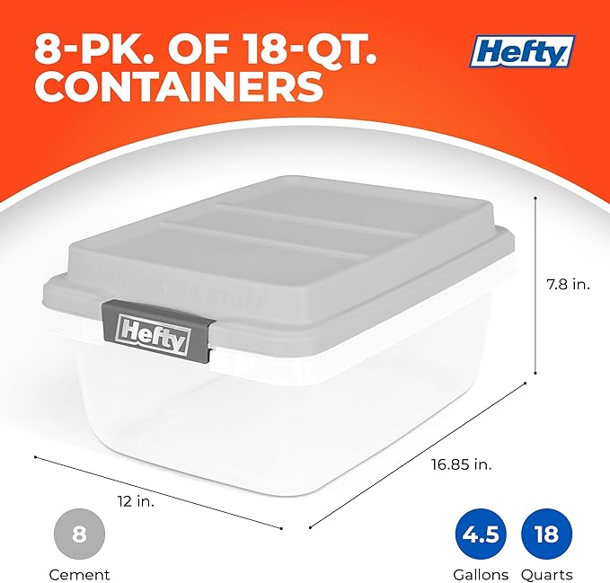 Hefty 18 Qt Hi-Rise Storage Bin with Lid, Stackable Plastic Storage Container, Organizer for Home, Garage & Closet, 8 Pack, Gray