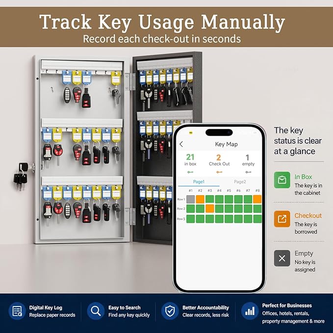 48-Key Key Lock Box Wall Mount, Smart Key Management Cabinet with App, Key Access Log Tracking, Digital Keypad, Bluetooth & WiFi Unlock (Sold Separately) for School, Office, Business