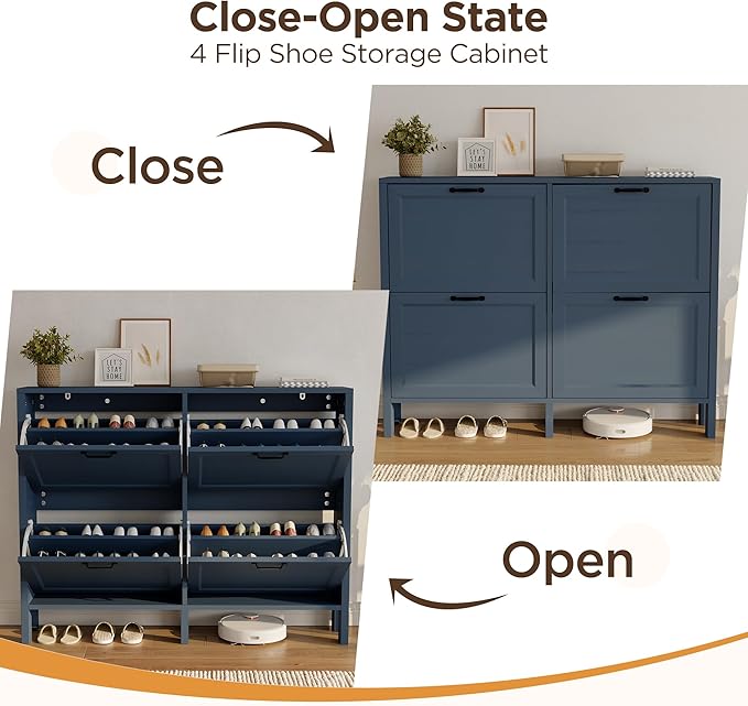 LOUVIXA Shoe Cabinet with 2 Flip Drawers, Narrow Shoe Storage Cabinet, Freestanding Shoe Cabinet Organizer, Hidden Shoe Rack Cabinet for Entryway, Hallway (4-Drawers, Blue)
