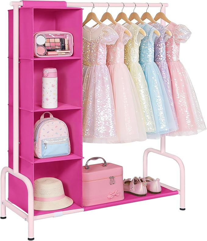 Univivi Kids Clothing Rack with Hanging Organizer, Short Toddler Dress Up Storage Rack for Hanging Clothes, Kids Wardrobe Closet for Baby Clothes, Dance Costumes, Rose Red/Pink