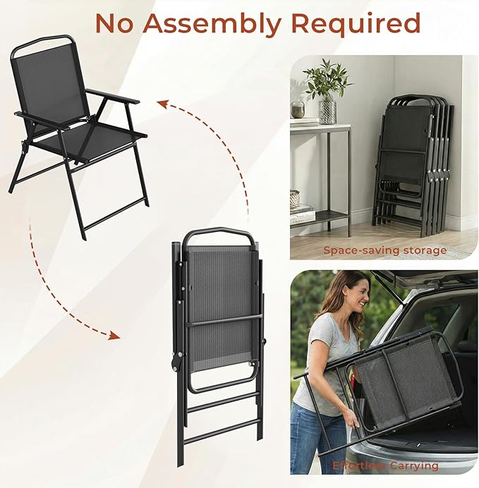 TLSUNNY Patio Folding Chairs Set of 2, Portable Dining Lawn Chairs, Outdoor Folded Furniture W/Breathable Textilene & Steel Frame, Armrests & Crossbar, All Weather for Pool, Camping (2, Black)