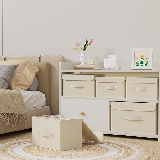Fabric Storage Bins Cube Organizers with Flip-Top Lid and Handles, Storage Boxes for Organizing Home, Office, and Closet, Beige, 5 Pack 10.2 X 7.9 X 6.7 in