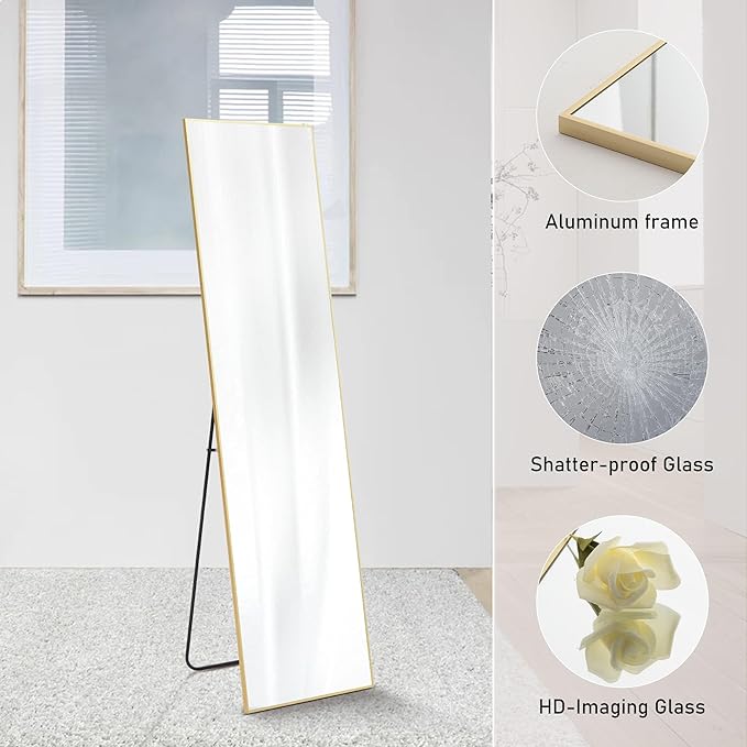 NEWBULIG 59.1"x15.7" Full Length Mirror, Full Body Floor Mirror with Aluminum Alloy Thin Frame, Wall or Standing Mirror for Bedroom, Living Room, Dressing Room, Gold