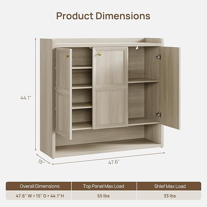 SICOTAS Shoe Storage Cabinet for Entryway, 47.6" Wide 6-Tier Extra Large with 3 Doors, Holds up to 30 Pairs, Adjustable Shelves Shoes Rack Organizer for Hallway, Grey White Oak