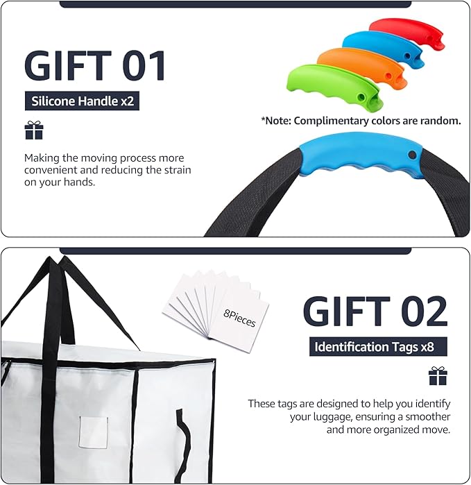 Moving Bags Heavy Duty Extra Large, Moving Boxes, Moving Supplies Essentials, Blue Storage Bins with Lids, Plastic Packing Totes, Storage Bags for Clothes with Handles & Zippers(White, 8 Pack)