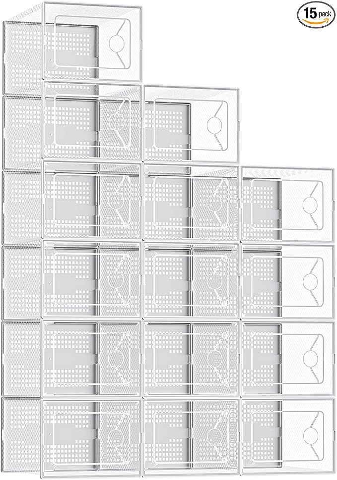 OLIXIS X-Large Shoe Storage Boxes, 15-Pack Clear Stackable Shoe Organizers with Lids, Sneaker Display and Storage Containers for Closet, Under Bed, Entryway, White
