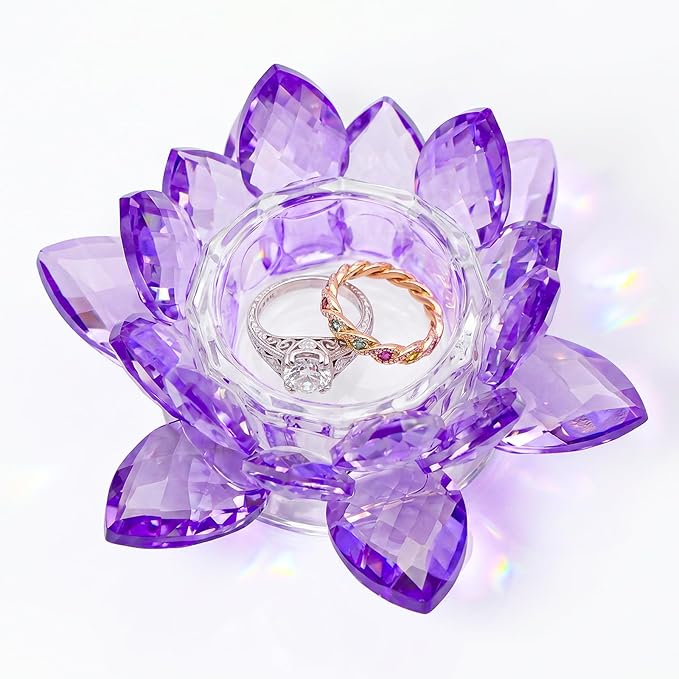 Crystal Flower Jewelry Tray, Luxury Transparent Decorative Trinket Dish for Rings, Earrings, Necklaces, Keys for Vanity Dresser Nightstand, Elegant Gift for Women Mother's Day (1, 4.4"(w) - Purple)