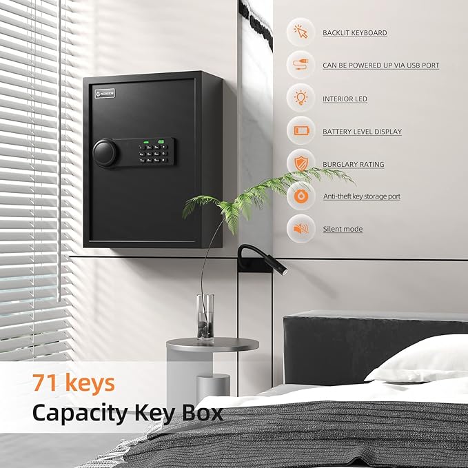 XDeer 71-Key Safe Wall Mount with Advanced Anti-Theft & LED Light, Key Cabinet with Combo & Key Lock for Hotels, Offices & Car Dealerships 1PCS