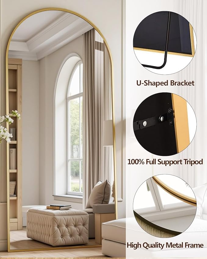 DMWOODFL 81"x41" Arched Full Length Mirror - Extra Large Floor Standing/Wall Mounted Mirror with Stand, Shatter-Resistant Gold Aluminum Frame for Bedroom, Living Room & Dressing Area