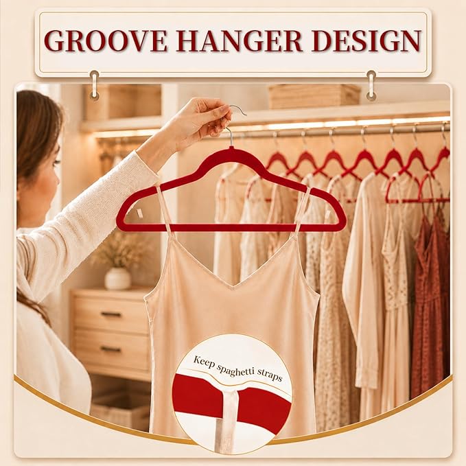 Velvet Hangers 50 Pack, Non Slip Clothes Hangers with Shoulder Notches, Slim Felt Hanger with 360° Swivel Hook, Space-Saving, for Coat, Shirt, Pants, Dress, Suits, Red