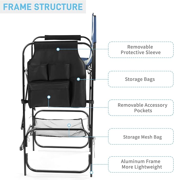 Outvita 31" Tall Directors Chair Height Seat Folding with Side Table Storage Bag, Support for 300Lbs Portable Makeup Artist Chair with Bar Height(Blue/Grey)