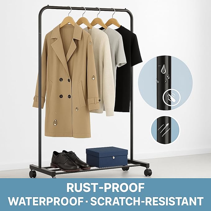 USTECH Heavy Duty Garment Rack with Sturdy Wheels | 450 lb Load Capacity | Adjustable Metal Clothing Anti-Slip Rack for Hanging Clothes, Lockable for Stability (Single Rod)