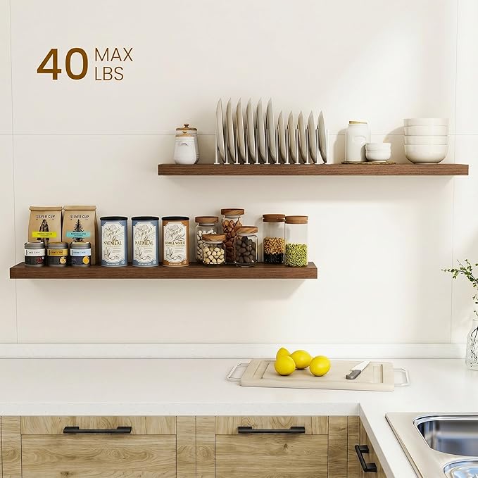 Dreamland 40Inch Floating Shelves for Wall, Rustic Wooden Walnut Floating Shelves for Living Room, Kitchen, Farmhouse, Deep Wall Mounted Book Shelf, Wood Storage Display Shelf for Home Decor, Set of 2