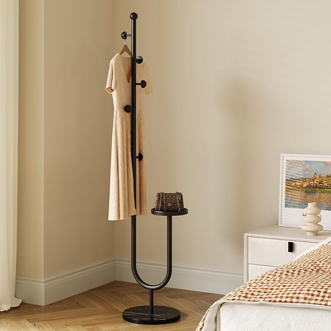 Coat Rack,Metal Free Standing Coat Stand with marble base, Hall Coat Tree with 6 Hooks and Storage Tray,68.9 Inch Tall, for Coats, Hats, Bags, for Entryway, Hallway, Bedroom