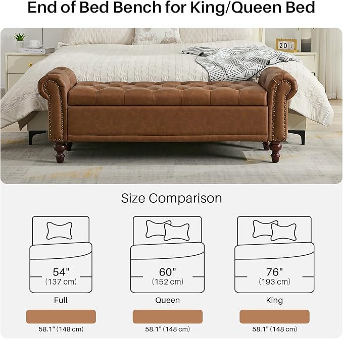 SOFTHION 58.1" Storage Bench Upholstered PU Leather End of Bedroom Bed Bench Ottoman with Tufted Cushioned Rolled Arm Large Storage Space for Reading Living Room Entryway, Brown