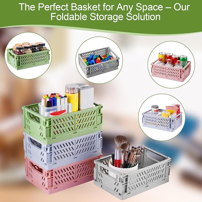 HUUSMOT 2-Pack Small Pastel Plastic Storage Baskets, Collapsible Crates for Organizing, Space-Saving Mini Bins for Classroom, Kitchen, Office, Bedroom (Green, 9.8" x 6.5" x 3.8")