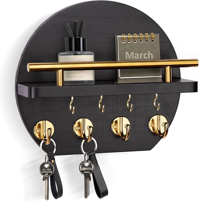 Nekon Key Holder for Wall - 9.8 Inch Apartment Wall Decor with Shelf and 8 Key Hooks, Circular Wood Key Hanger for Home Decor (Black with Golden Hooks)