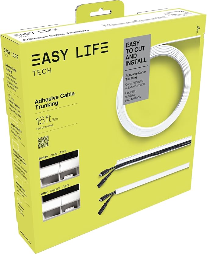 Easylife Tech Paintable Cable Raceway Cord Management Kit 16 ft Self‑Adhesive Cord Concealer for Organizing and Hiding Wires Cable Trunking Raceway for Home, Office & Entertainment Systems