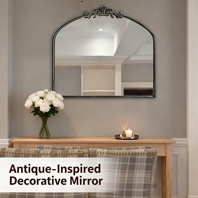 HQiJun Black Vintage Wall Mirror Window Decorative Traditional Mirrors Antique Arched Farmhouse for Living Room Bedroom Entryway Bathroom Vanity (29 * 36 * 1.2,Black)