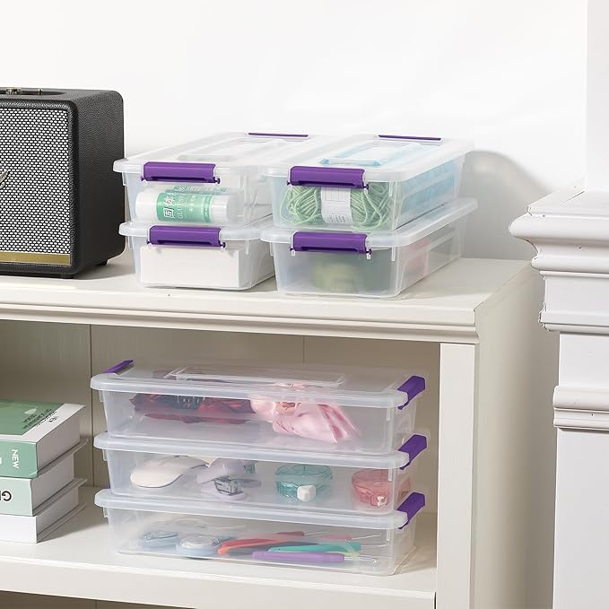 novelinks Clear Plastic Storage Bins with lids, Stackable Storage Containers, Durable Craft Storage Boxes, Organization Containers for Home Office (4 Quart 8 Pack Purple)
