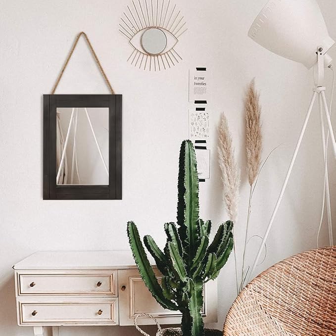 Rectangle Wall Mirror for Bathroom, Distressed White Wood Decor with Hanging Rope for Rustic Home Decor, Vanity, Living Room 12"×16"（Black）