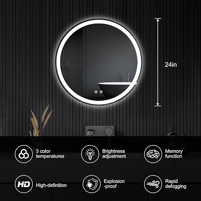 Sweetcrispy 28 Inch Round LED Bathroom Mirror with Lights, Circle Vanity Mirror with Anti-Fog, Dimmable, 3-Color Light, Memory Function, Tempered Glass
