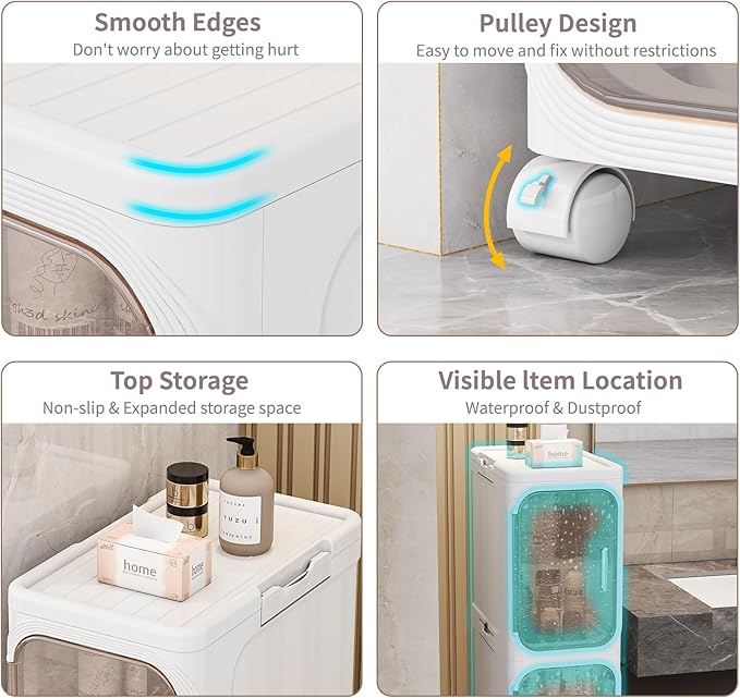 3-Tiers Slim Bathroom Storage Cabinet, Foldable Storage Cabinets,Narrow Bathroom Storage,Movable Bathroom Storage Organizer for Small Spaces,Bathroom,Kitchen,Laundry,White