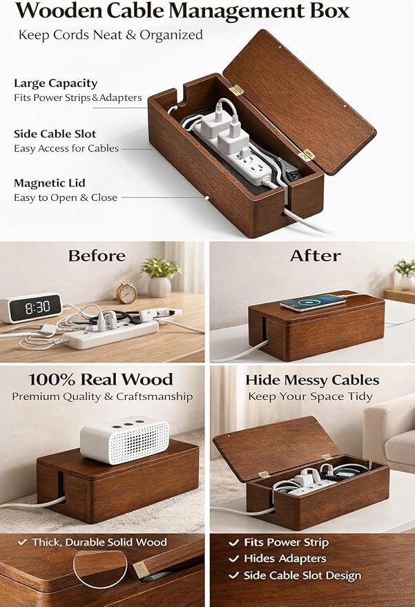 Real Wood Cable Management Box - Minimalist Home Office Decor - Walnut Finish Cord Organizer to Hide Wires & Power Strips - Spring Cleaning Essential for Desk & TV Stand - Safe for Pets & Kids