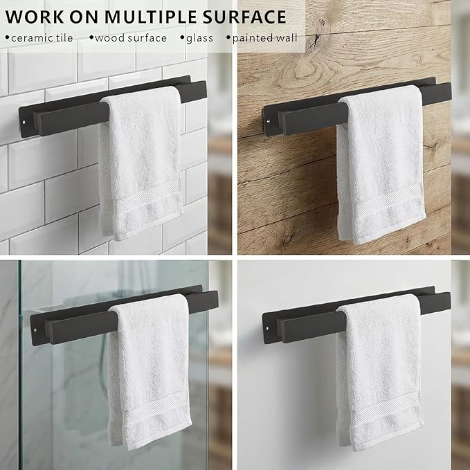 Bathroom Towel Bars,16-Inch Stainless Steel Towel Bar for Large Towel,Strong Self-Adhesive/Screws Wall Mounting,Rust-Proof,Towel Holder for Bathroom and Kitchen Storage (Black)