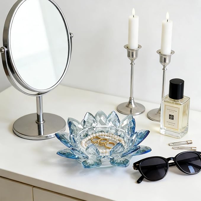 Crystal Flower Jewelry Tray, Transparent Decorative Trinket Dish for Rings, Earrings, Necklaces, Keys for Vanity Dresser Nightstand, Elegant Gift for Women Mother's Day (2, 6.3"(W) - Blue)