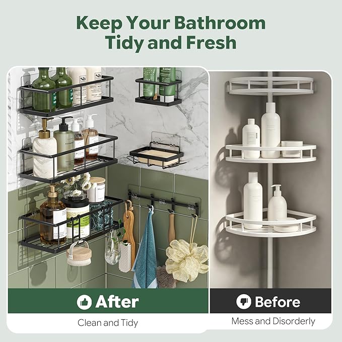 Simple Trending Shower Caddy Adhesive, 6 Pack Rustproof Stainless Steel Shower Shelves with Large Capacity, No Drilling Bathroom Organizers and Storage for Home Decor, Black