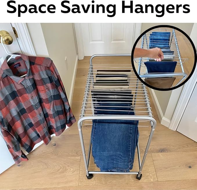 Evelots Pants Rack with 20 Pants Hangers Rolling Trolley Cart - Skirt Hangers, Jean Organizer for Closet