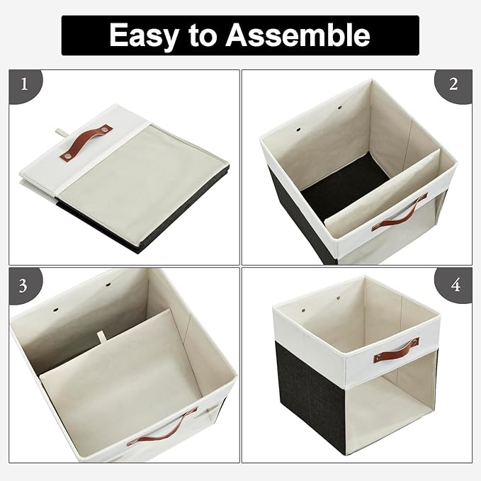 Bagnizer Storage Cubes, 4 Pack Linen Foldable Storage Bins (13 x 13 inch) with Clear Window and Handles, Fabric Organizer for Shelf Closet, Clothes, Books - (Black and White)