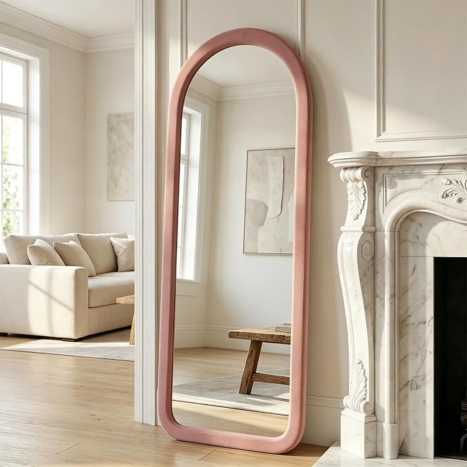 Full Length Mirror 56"x20" Arch Floor Mirror with Stand Arched Full Body Mirror Standing Hanging or Leaning Against Wall for Bedroom Flannel Wrapped Wooden Frame, Light Pink