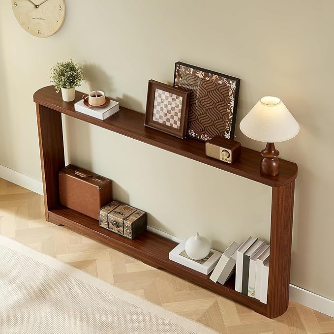 70" Extra Long Narrow Console Table, Fluted-Side Sofa Table with Open Shelf, Entryway/Hallway/Living Room Console – Walnut