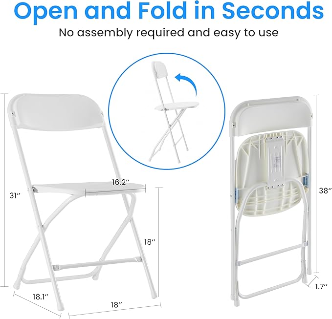 Simple Deluxe 4-Pack Folding Chairs Plastic, Foldable Stackable Portable Chairs with Metal Frame 330lb Capacity, for Indoor Outdoor Use, Commercial Event Chairs for Party, Wedding, Office, White