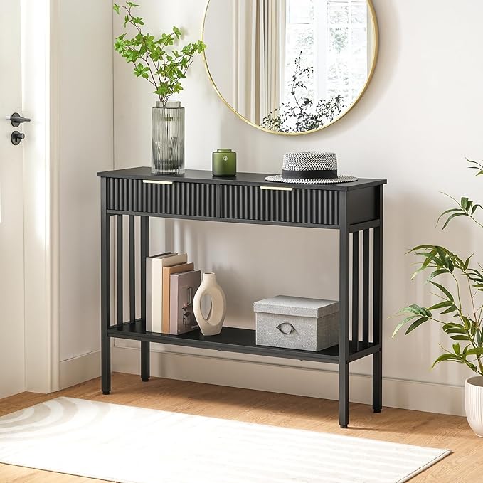 MAHANCRIS Console Table with 2 Drawers, Narrow Long Entry Table with Storage Shelf, 2-Tier Fluted Entryway Table with 2 Drawers, for Entryway, Living Room, Foyer, Hallway, Office, Black CTHB5101