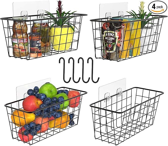 MaraFansie Over the Cabinet Door Organizer Wall Wire Baskets Hanging Kitchen Basket Shelf for Cabinet & Pantry Organization and Kitchen, Bathroom, Bedroom Storage, with Adhesive, 4 Pack
