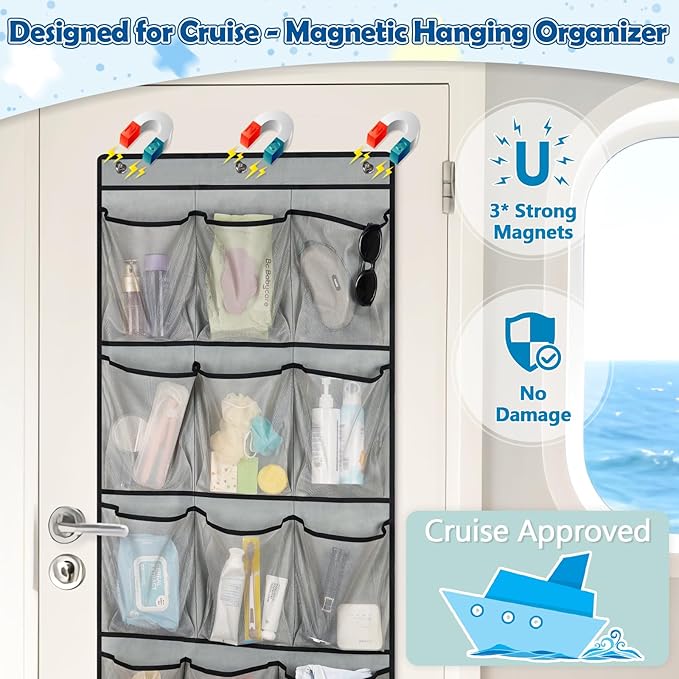 Over The Door Cruise Ship Organizer - Cruise Ship Magnetic Door Organizer with 15 Size-Graded Pockets, Hanging Magnetic Cruise Storage Shoe Rack for Cabin, 2026 Cruise Essential, 9 Hooks(Grey)