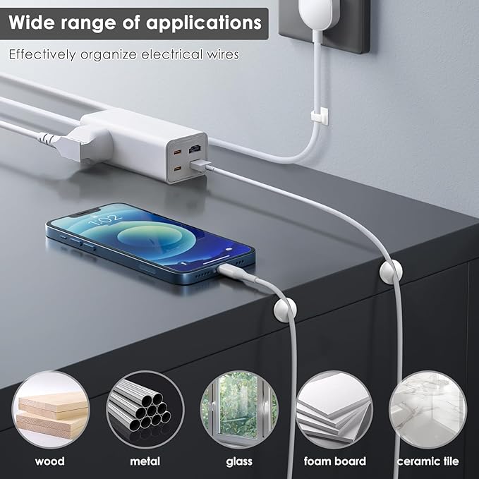 190-Piece Cable Management Kit, 100 R-Type Clips 60 Reusable Cable Ties 30 Multi-Slot Wire Holders, Self-Adhesive Cord Organizer for Desk, Under Desk, Nightstand, Gaming Setup, Office & Home