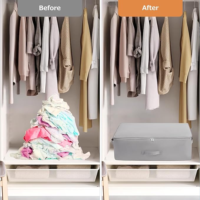 Surblue Clothing Storage Bags Clothes Organizer with Reinforced Handle Foldable Under Bed Storage Bags for Blankets Comforters Quilt Bedding Pillow, 3Pcs,Gery