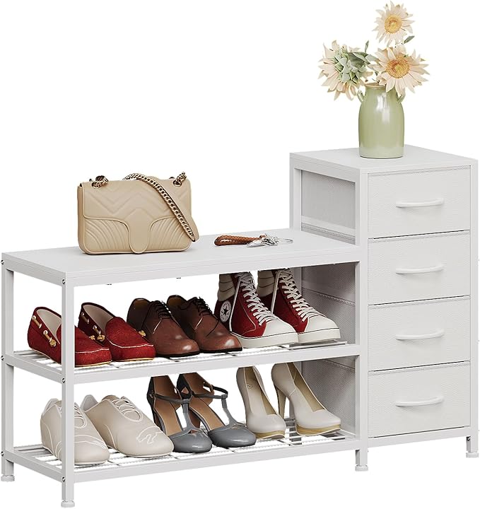EXOTICA 3-Tier Shoe Storage Bench White Entryway Shoe Rack with 4 Drawers and Seating Shoe Shelf Storage Cabinet for Hallway Front Door Doorway Living Room Mudroom Steel Frame