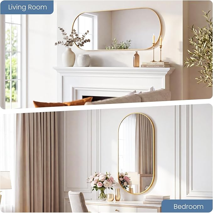 Sweetcrispy 24" x 48" Gold Bathroom Mirror for Wall, Oval Wall Mirror with Metal Frame, Tempered Glass, Modern Vanity Mirror for Over Sink, Living Room, Bedroom, Entryway, Horizontal or Vertical